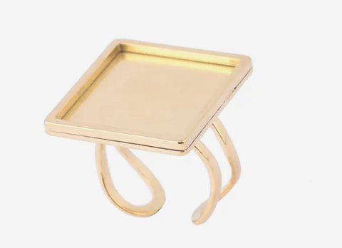 STYLE 1 - Square Gold plated stainless steel 2cm tray adjustable ring bezel setting x 1 piece