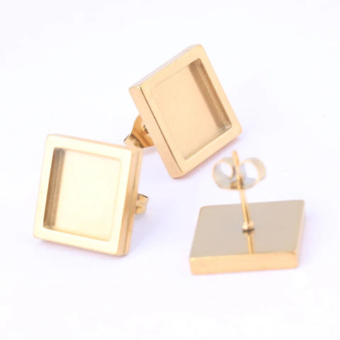 Square gold Stainless steel 1cm diameter bezel settings x 6 pieces with backs