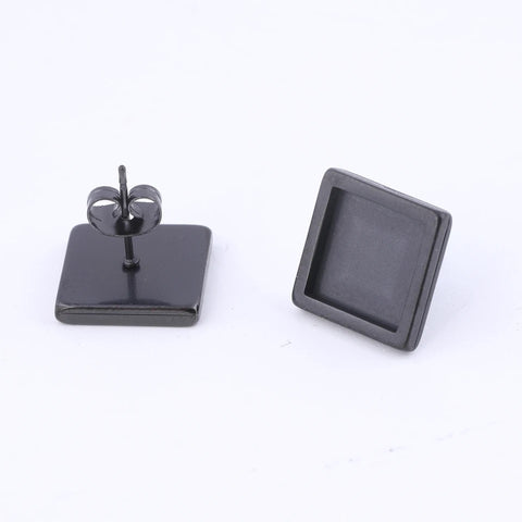 Square black stainless steel 1cm diameter bezel settings x 6 pieces with backs