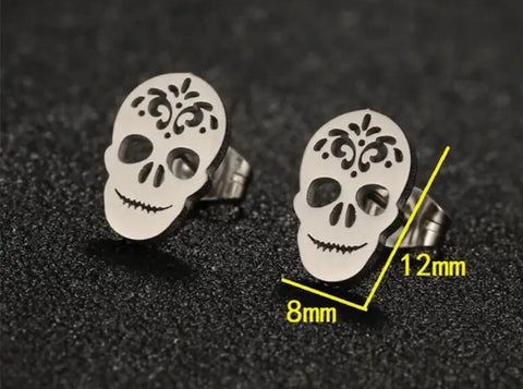 Silver steel Skull flower stainless steel stud add ons - 1 pair