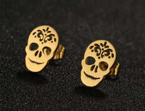GOLD Skull flower stainless steel stud add ons - 1 pair
