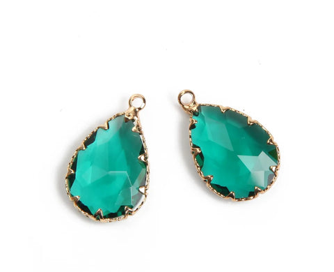 Large Glass drop gold border charm x 4 pieces - Emerald Green