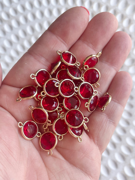 Red glass round double connector charms x 4 pieces