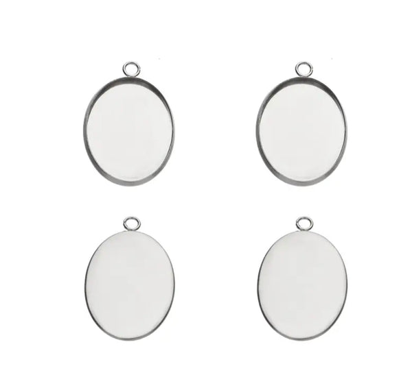 Bright silver plated 4.5cm x 3cm  oval tray bezel setting pendant x 2 pieces