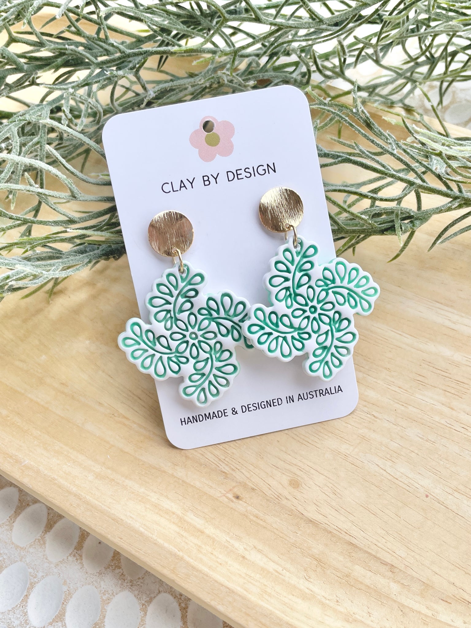 Green & white imprint flower dangles