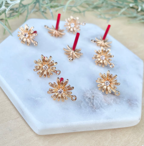 Gold plated diamante flower stud tops x 4 pieces