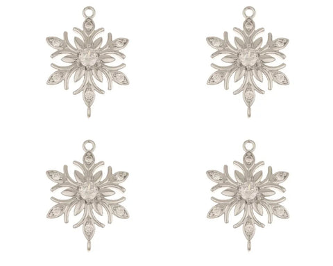 Bright silver rhodium plated diamante snowflake double connector charms x 4