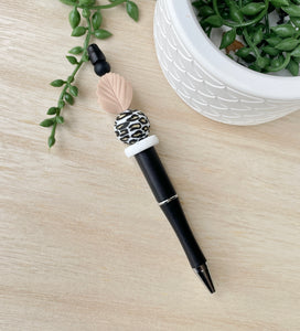 Silicone Bead black pen leopard with beige leaf - Style 5