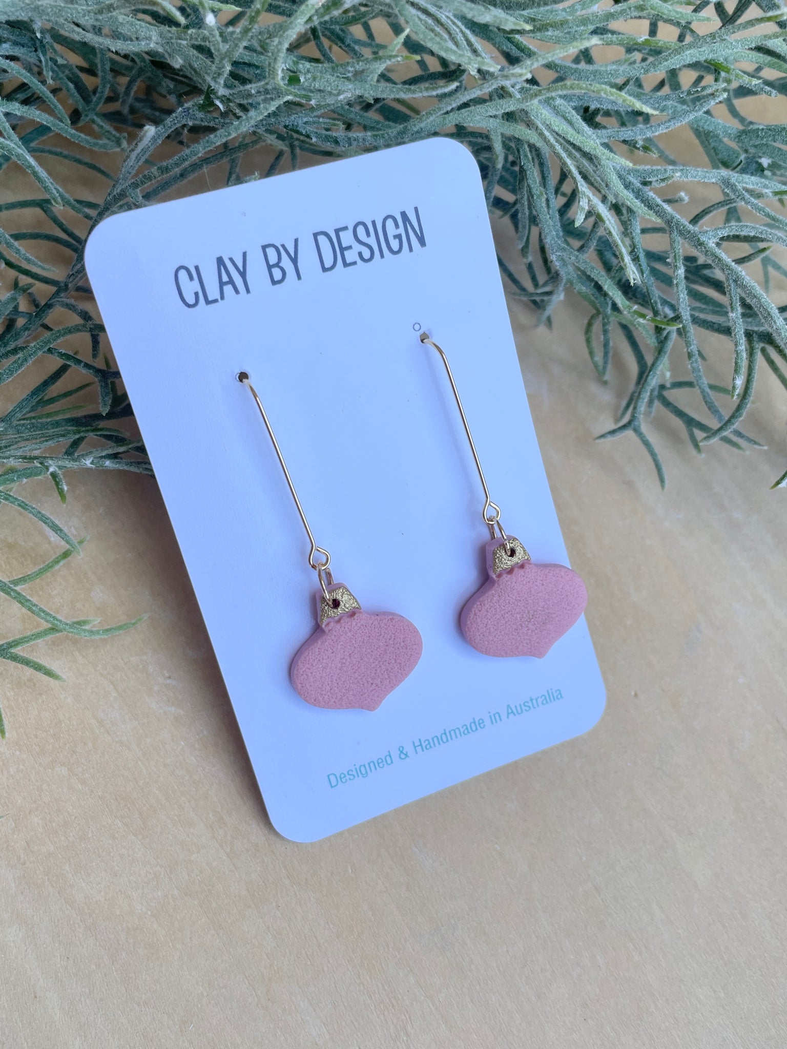 Pink and gold detail Baubles on gold plated stainless steel hooks