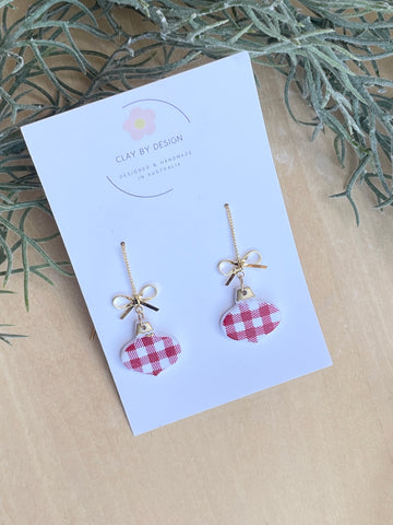 Red gingham Christmas baubles on genuine 24K gold plated threader