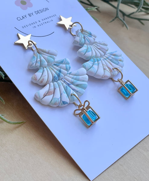 Muted green & blue leaf  scalloped Christmas Trees with blue glass gift charm