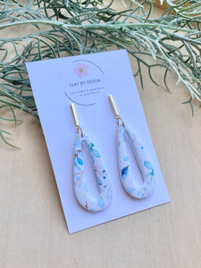 Soft blue leaf print long drop dangles