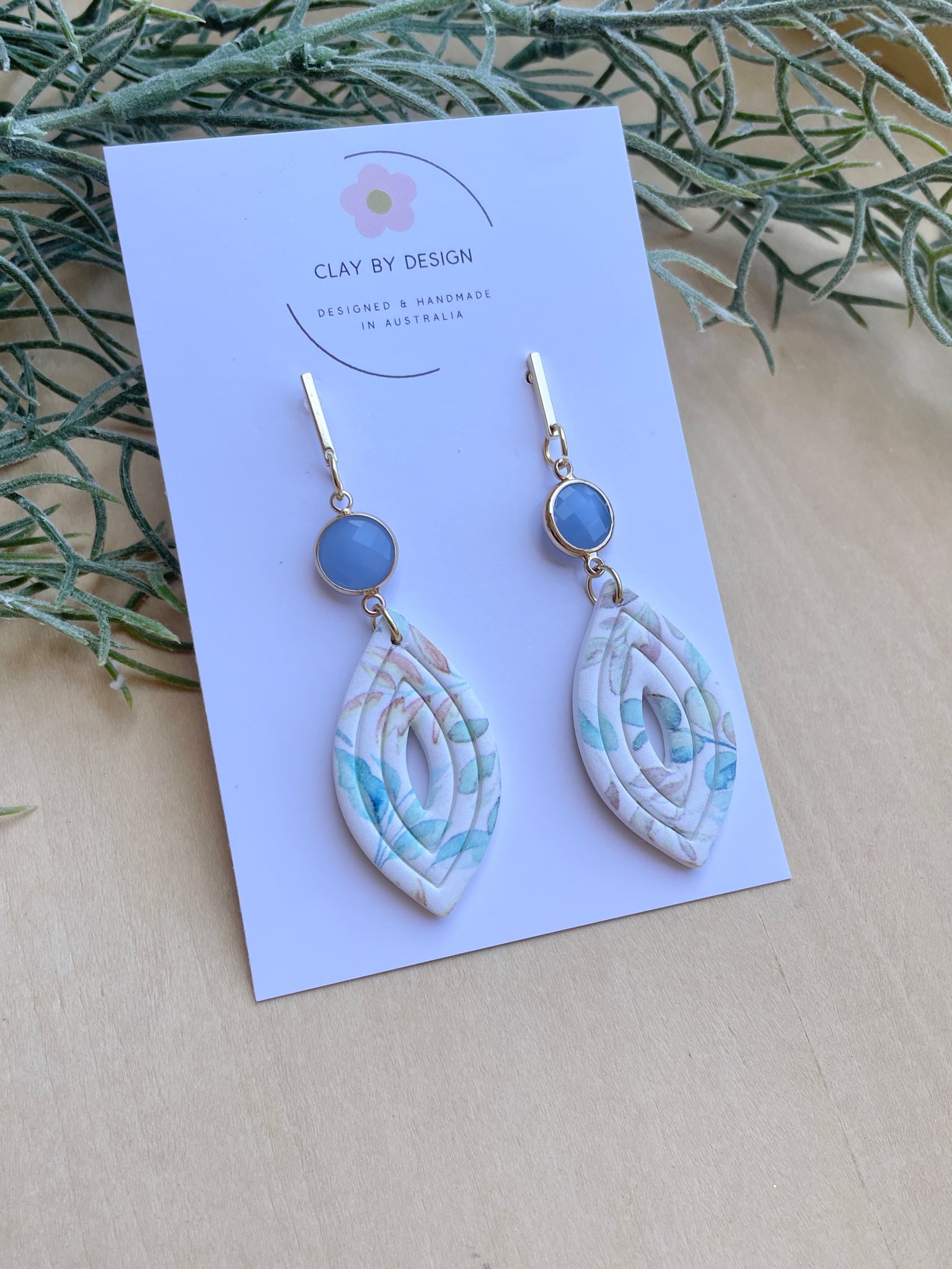 Soft blue leaf print marquise shape drop dangles