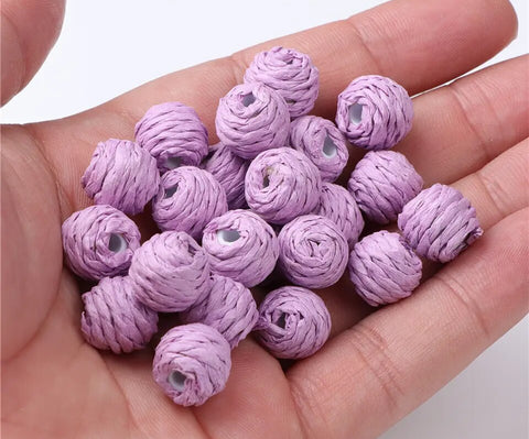 Lilac coloured woven raffia beads x 4 pieces