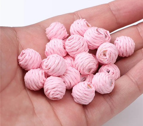 Light pink coloured woven raffia beads x 4 pieces