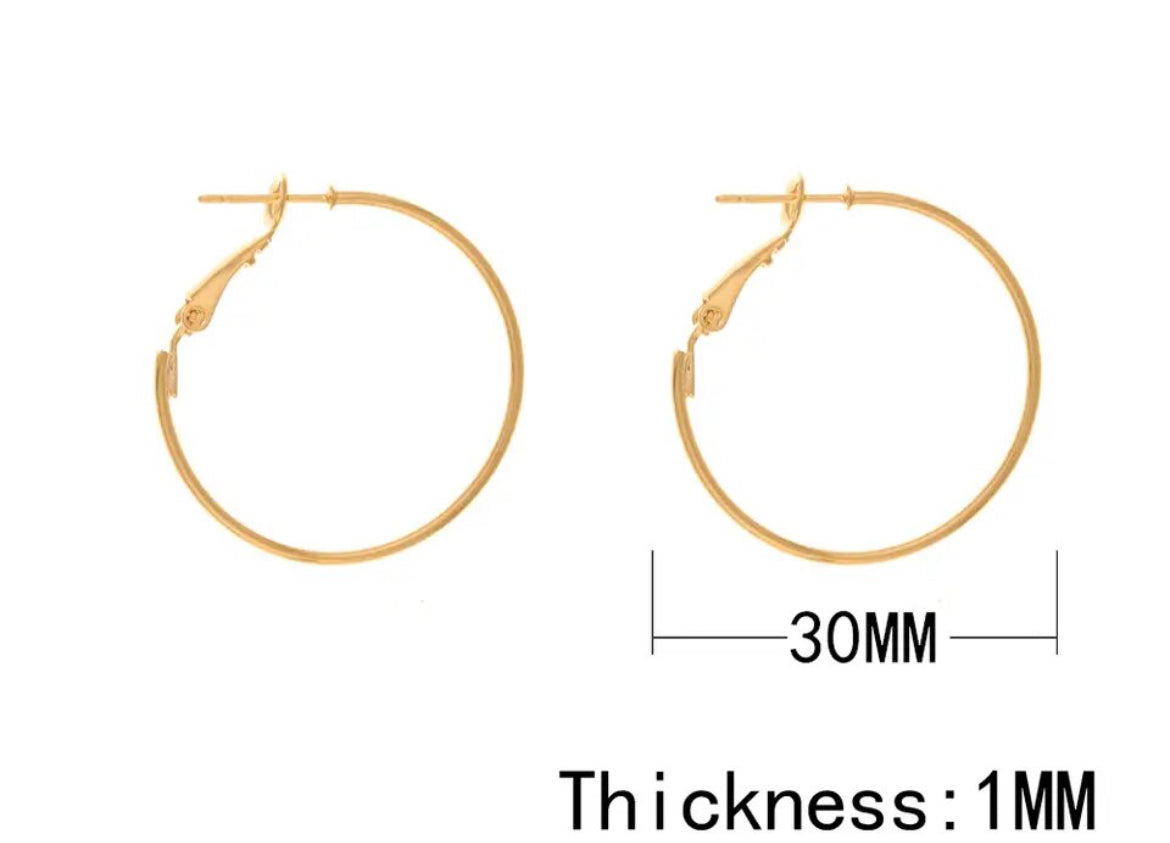 3cm Genuine gold plated lever back hoops x 6