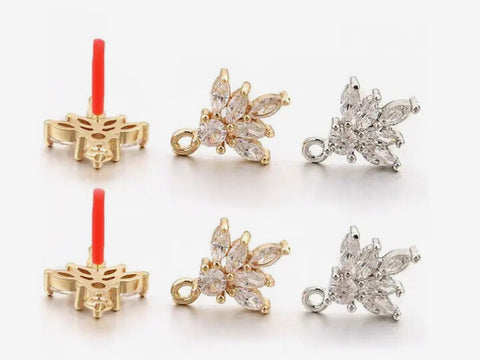 Style 2 - rhodium plated diamonte leaf stud tops post x 4 pieces
