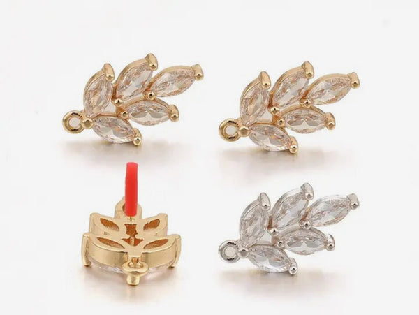 Style 1 - Rhodium GOLD plated diamante leaf stud tops post x 4 pieces