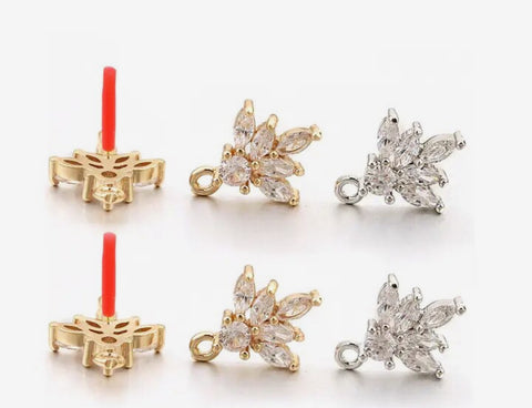Style 2 - Genuine GOLD plated diamante leaf stud tops post x 4 pieces