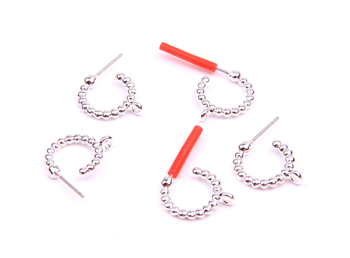 Silver plated bead look open hoop stainless steel post stud tops x 6