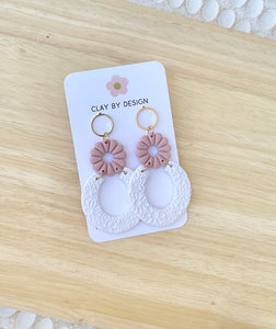 Pink & white flower print open hoops