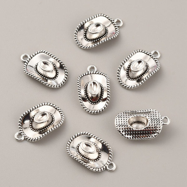 Western hat antique silver plated charm connectors x 6
