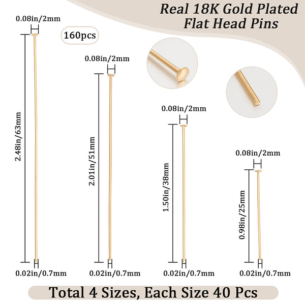 Flat head pins, genuine 18K gold plated bulk pack 160 pieces mixed sizes