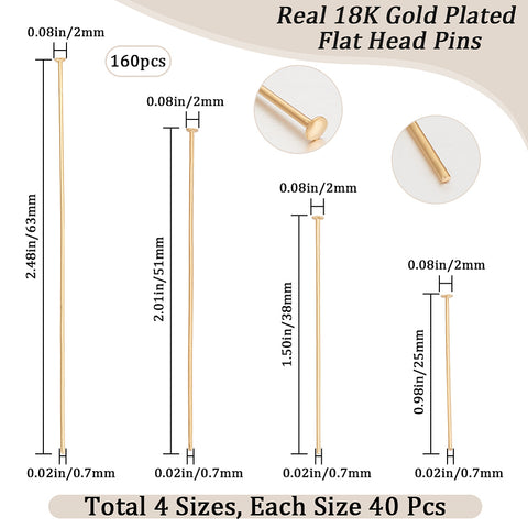 Flat head pins, genuine 18K gold plated bulk pack 160 pieces mixed sizes