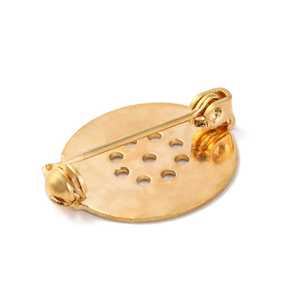 Flat gold plated round brooch settings x 10