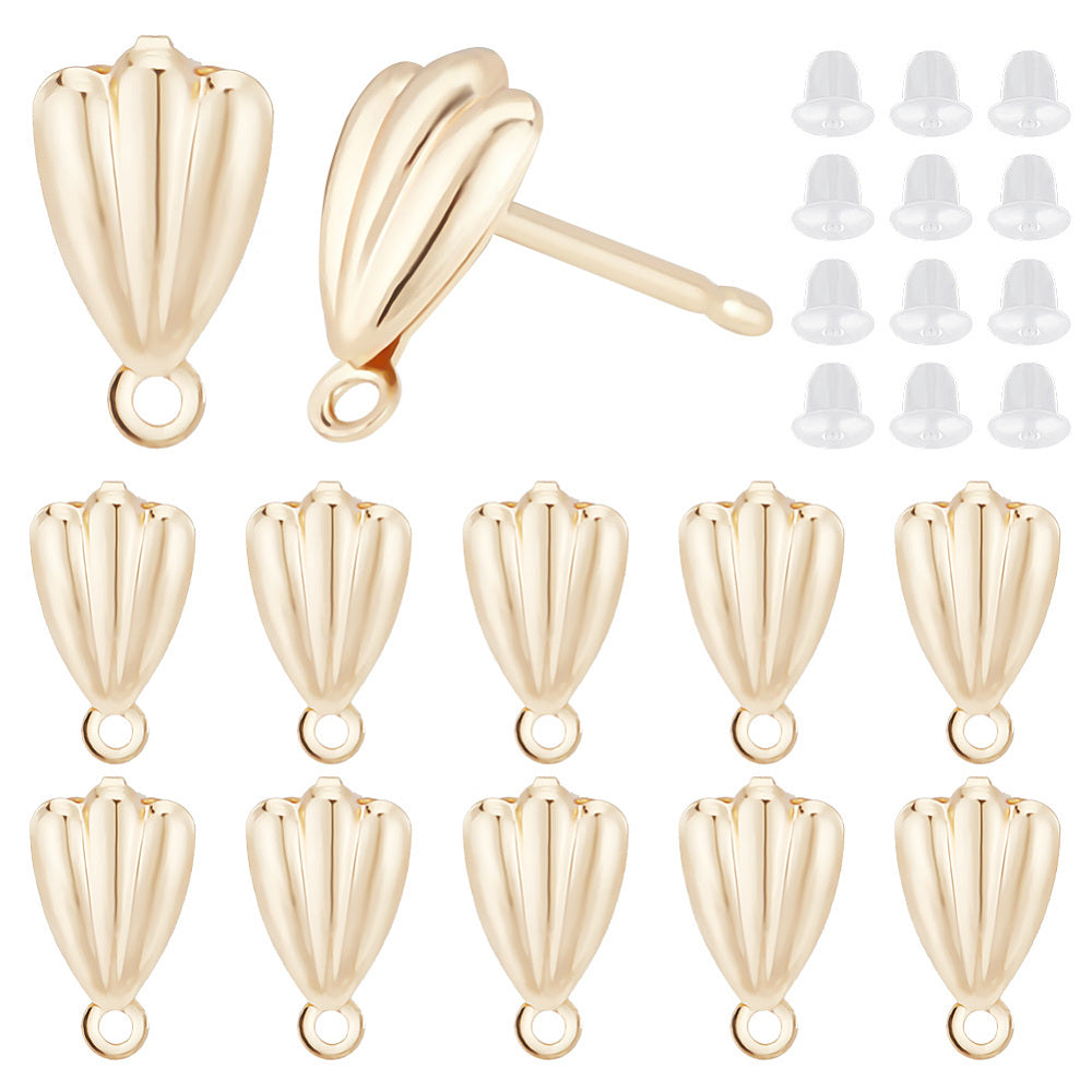 18K small genuine gold plated shell shape stud tops x 6 pieces with silicone backs
