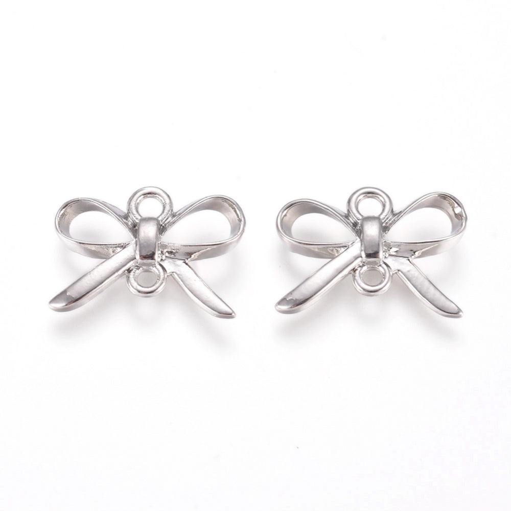 Genuine rhodium plated bow double connector charms x 6 pieces
