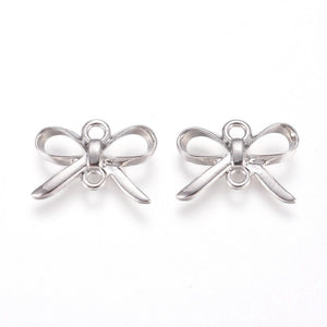 Genuine rhodium plated bow double connector charms x 6 pieces