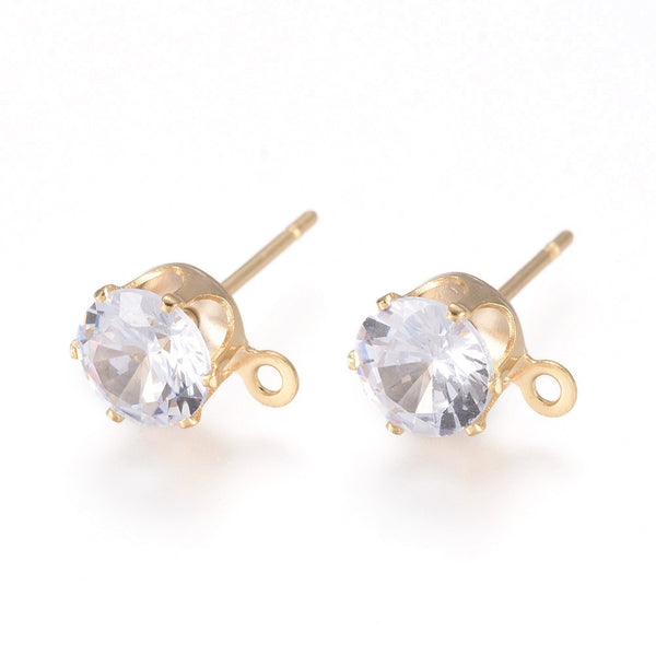 6mm genuine 316 stainless steel gold plated diamanté stud earring post - 8 pieces