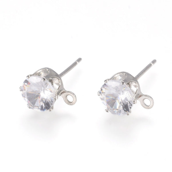 6mm genuine 316 stainless steel platinum plated diamanté stud earring post - 8 pieces