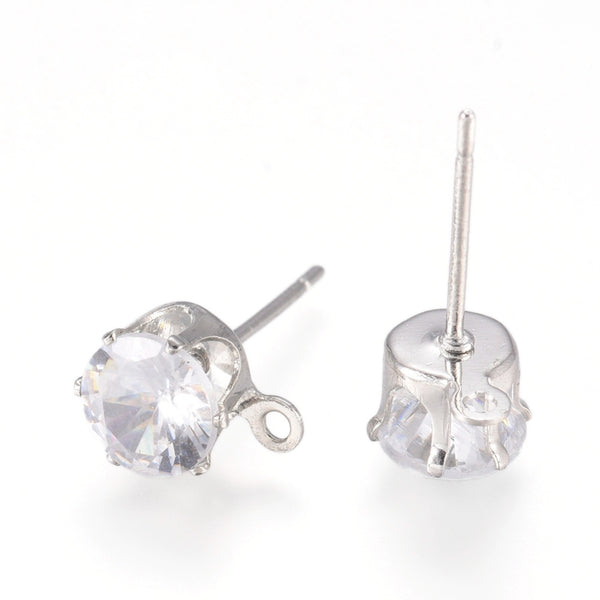 6mm genuine 316 stainless steel platinum plated diamanté stud earring post - 8 pieces