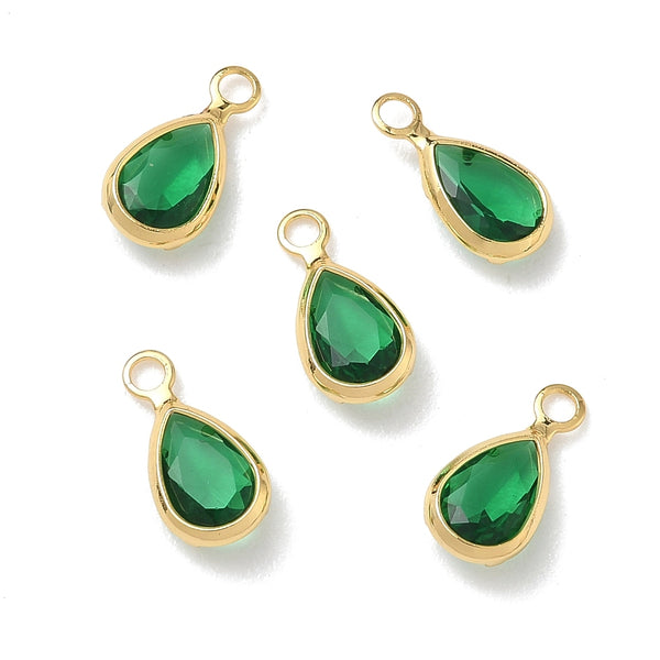 Glass drop shape genuine 18k gold border charm x 6 pieces - 9mm green