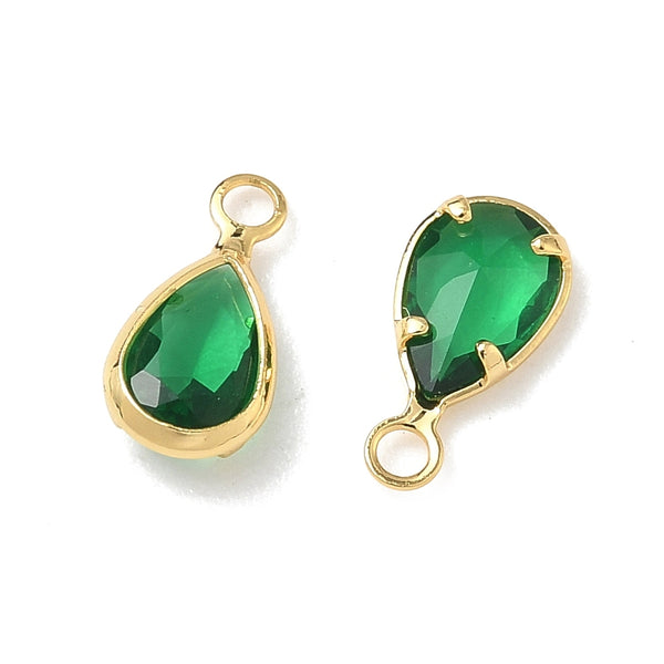 Glass drop shape genuine 18k gold border charm x 6 pieces - 9mm green