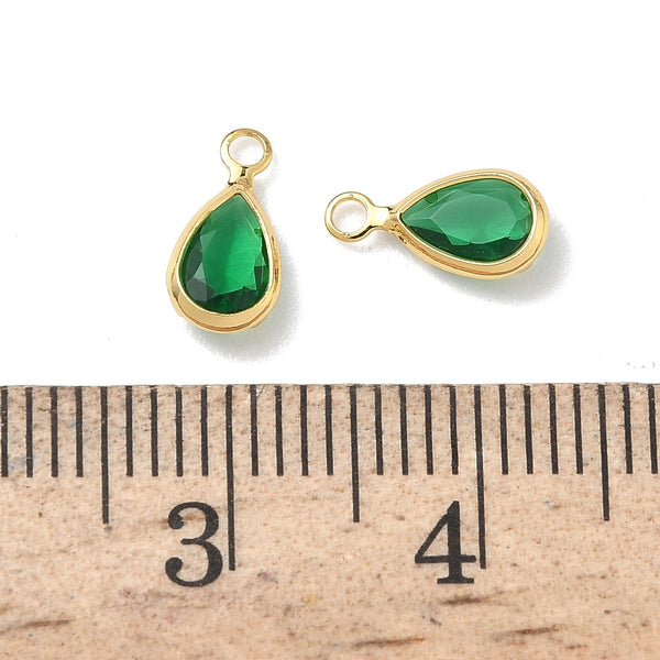 Glass drop shape genuine 18k gold border charm x 6 pieces - 9mm green