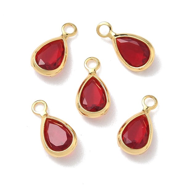 Glass drop shape gold border charm x 6 pieces - 9mm red