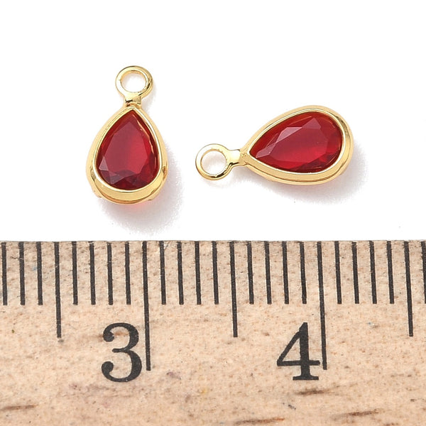 Glass drop shape gold border charm x 6 pieces - 9mm red