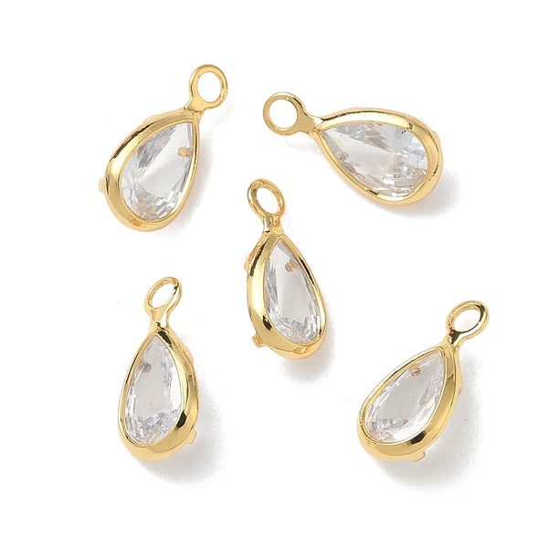 Glass drop shape genuine 18K gold plated border charm x 6 pieces - 9mm clear
