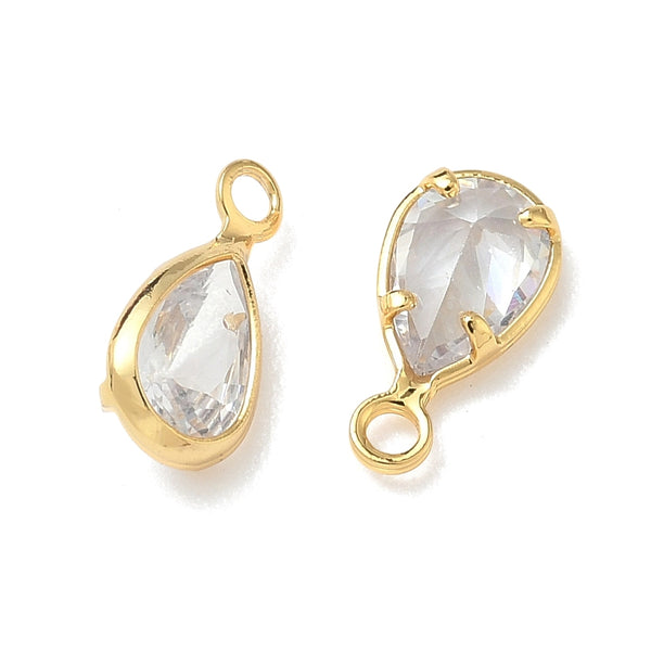 Glass drop shape genuine 18K gold plated border charm x 6 pieces - 9mm clear