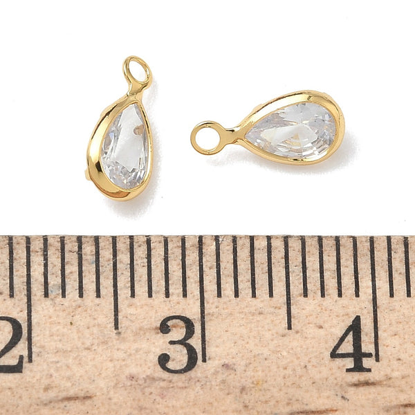 Glass drop shape genuine 18K gold plated border charm x 6 pieces - 9mm clear