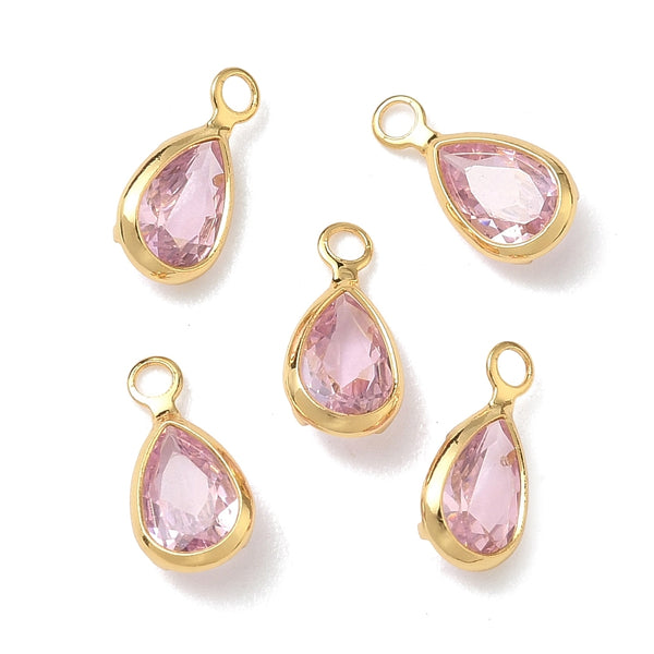 Glass drop shape genuine 18K gold plated border charm x 6 pieces - 9mm pink