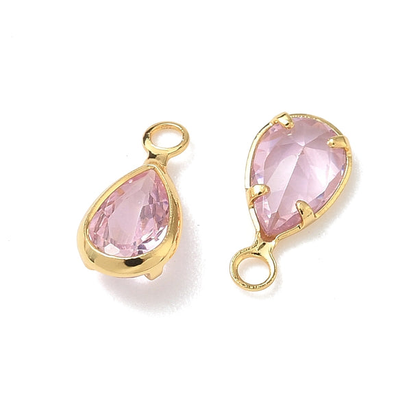 Glass drop shape genuine 18K gold plated border charm x 6 pieces - 9mm pink
