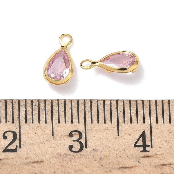 Glass drop shape genuine 18K gold plated border charm x 6 pieces - 9mm pink