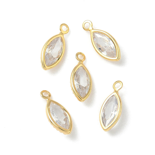 Glass cat eye shape gold border genuine 18K gold plated charm x 6 pieces - 1.1cm clear