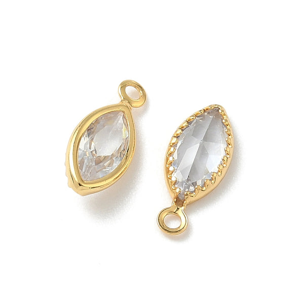 Glass cat eye shape gold border genuine 18K gold plated charm x 6 pieces - 1.1cm clear