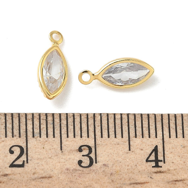 Glass cat eye shape gold border genuine 18K gold plated charm x 6 pieces - 1.1cm clear