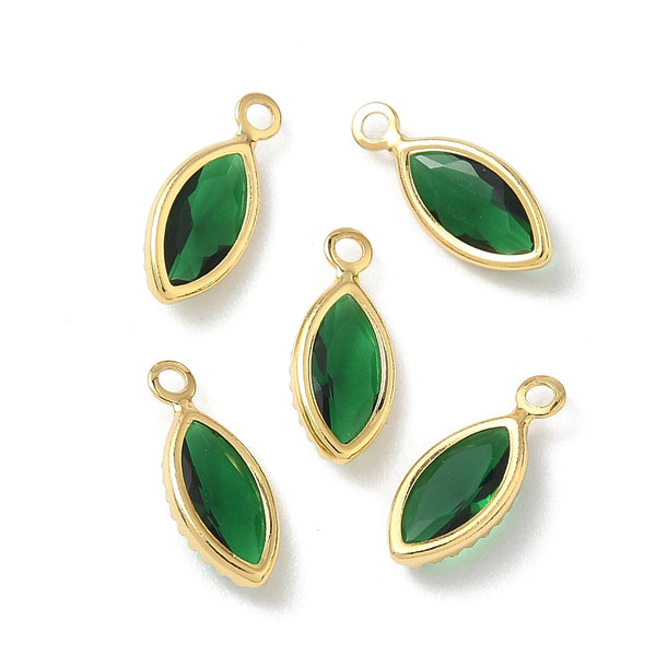 Glass cat eye shape genuine 18K gold plated charm x 6 pieces - 1.1cm green